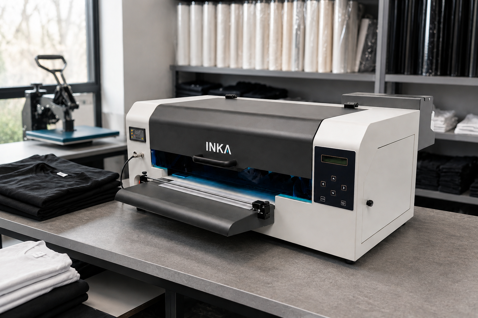 INKA A3 PRO 1600 shown in a textile printing workshop
