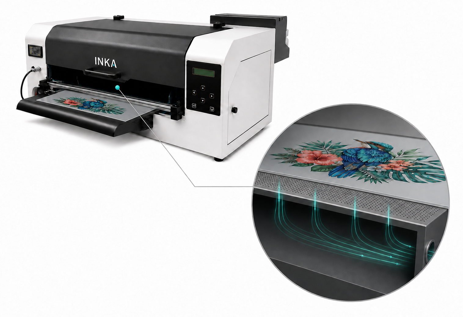 INKA printer with a conceptual detail of vacuum hold-down for PET film