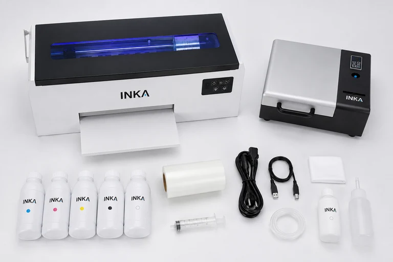 INKA A4 Starter 套装俯视图：打印机、烘箱、五色墨水、PET 转印膜、线缆与维护附件。