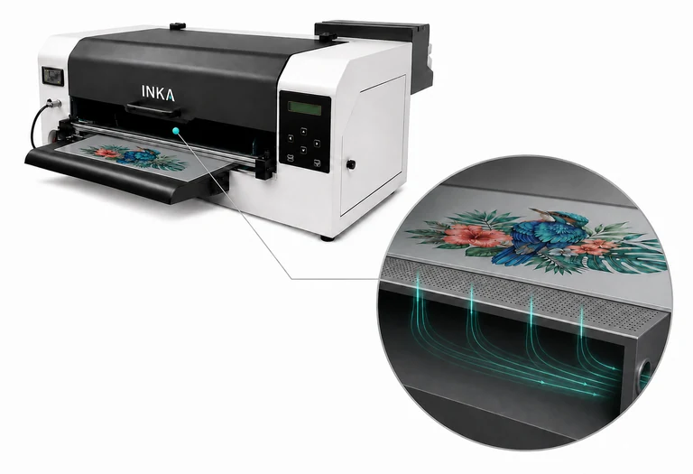 INKA printer with a conceptual detail of vacuum hold-down for PET film