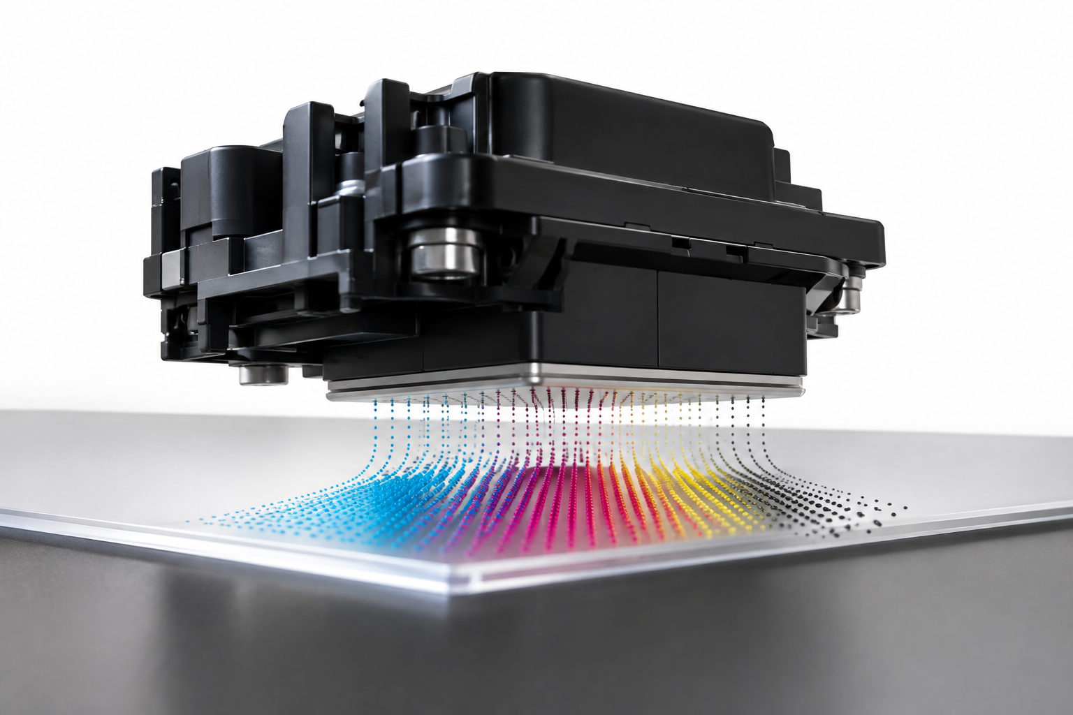 Printhead facing PET film with ink microdroplets — conceptual illustration