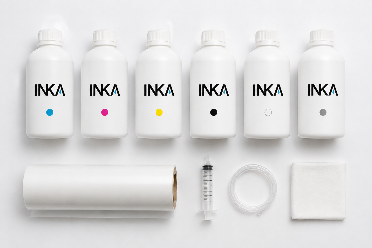 UV inks, film roll and maintenance accessories arranged in a flat lay.