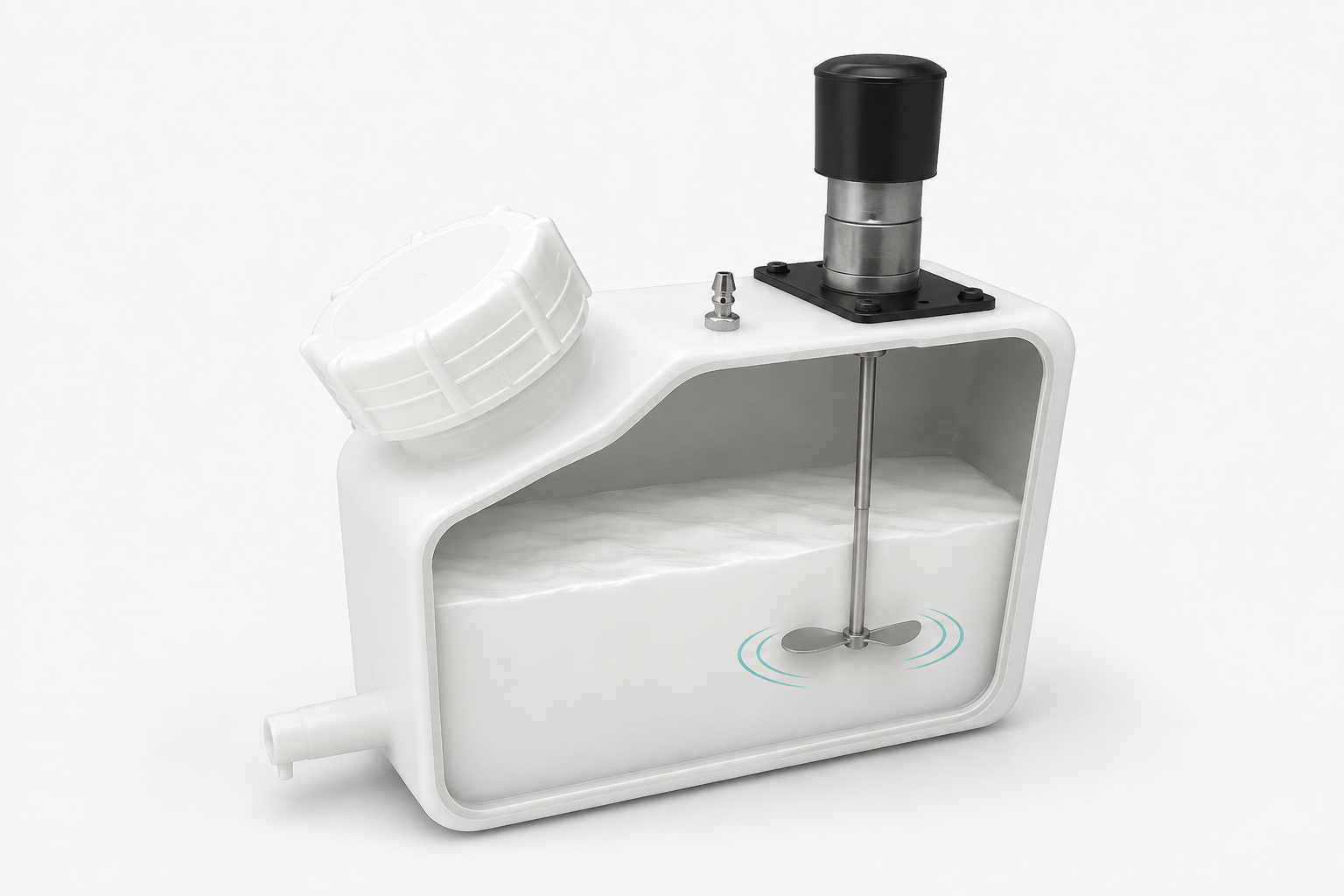 3D cutaway of a rectangular white ink tank with a small motor, shaft and stirring paddle